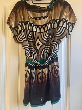fun 2 fun Brown, Black and Teal Geometric Dolman Tunic